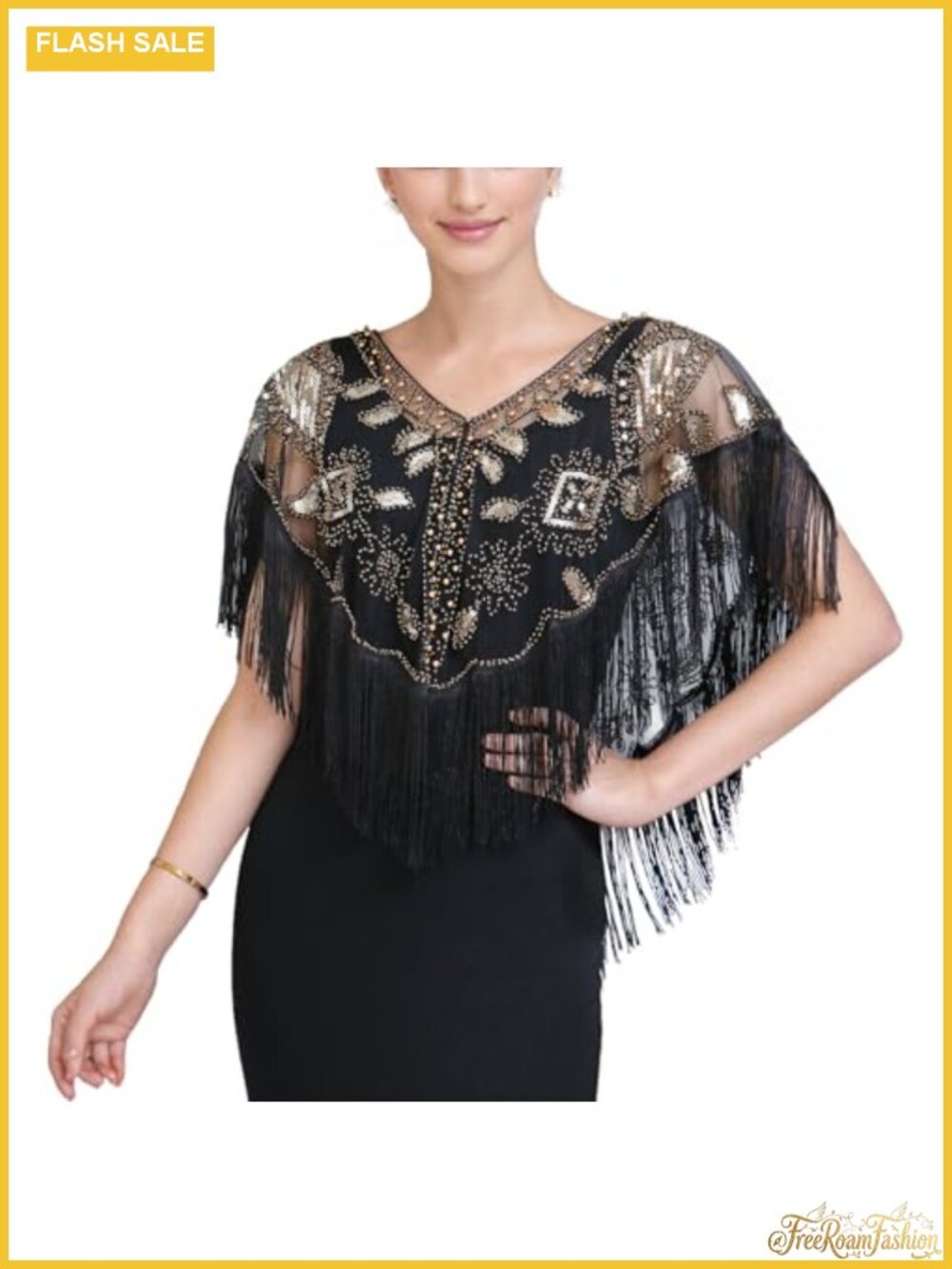 1920s Sequin Beaded Shawl Wrap Flapper Evening Cape Fringed Bridal